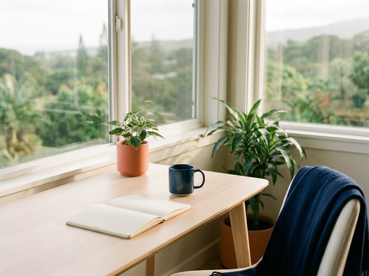 A sunlit island design studio desk overlooking a lush Hawaiian valley