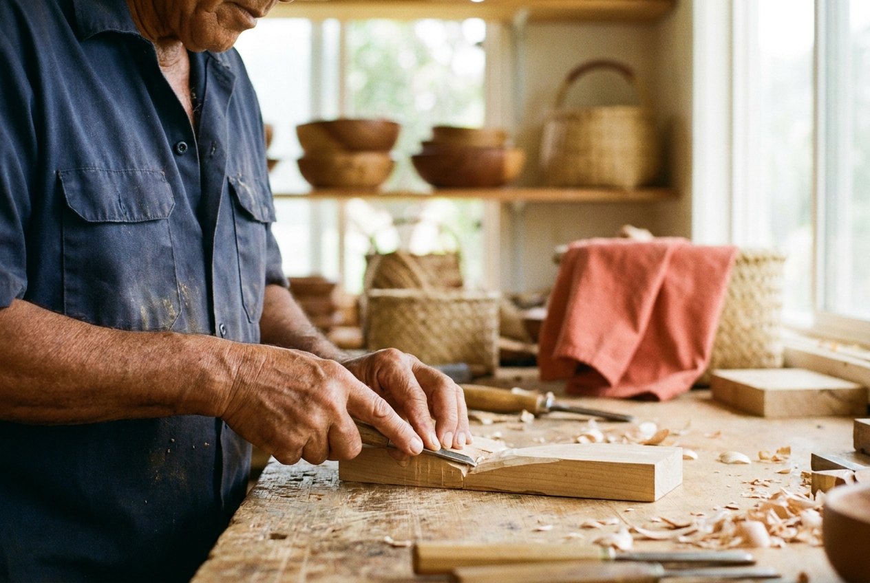 A Hawaiian maker shaping a handmade wooden bowl in a sunlit workshop