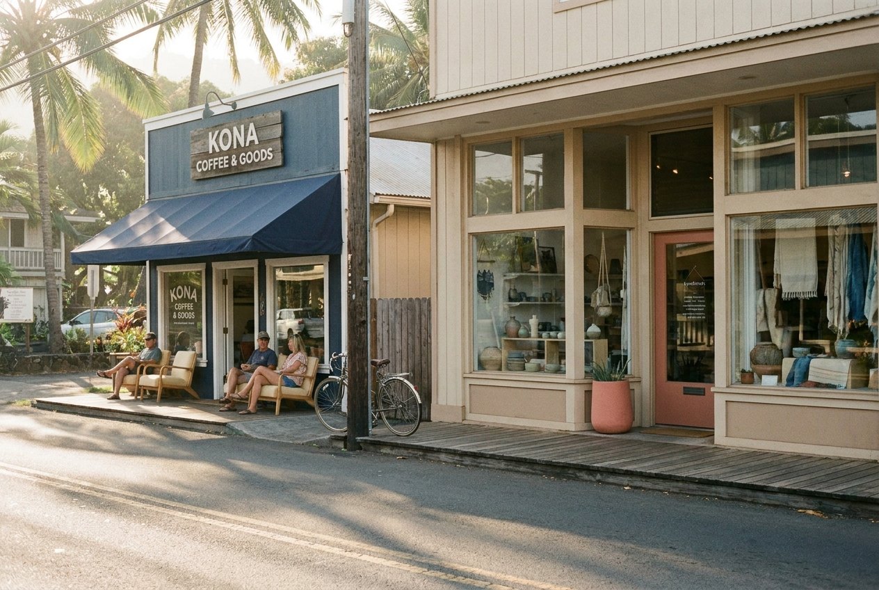 A quiet Hawaiian main street lined with locally owned shops at golden hour
