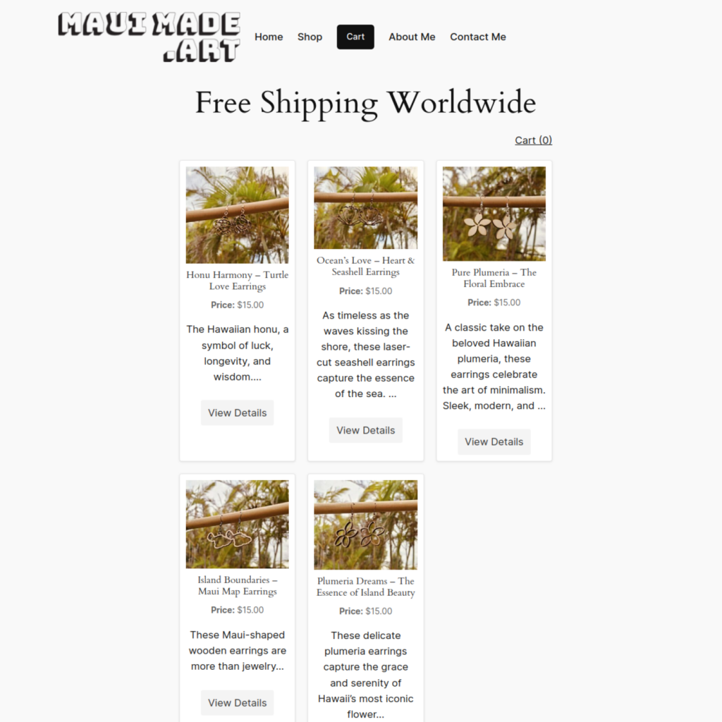 MauiMade.art homepage — handcrafted wooden earrings from Maui